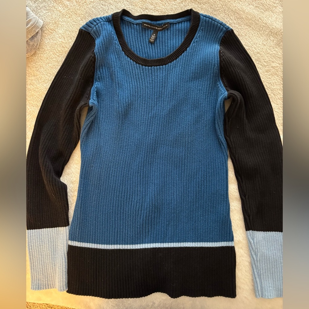 White House Black Market Blue and Black Crewneck Sweater